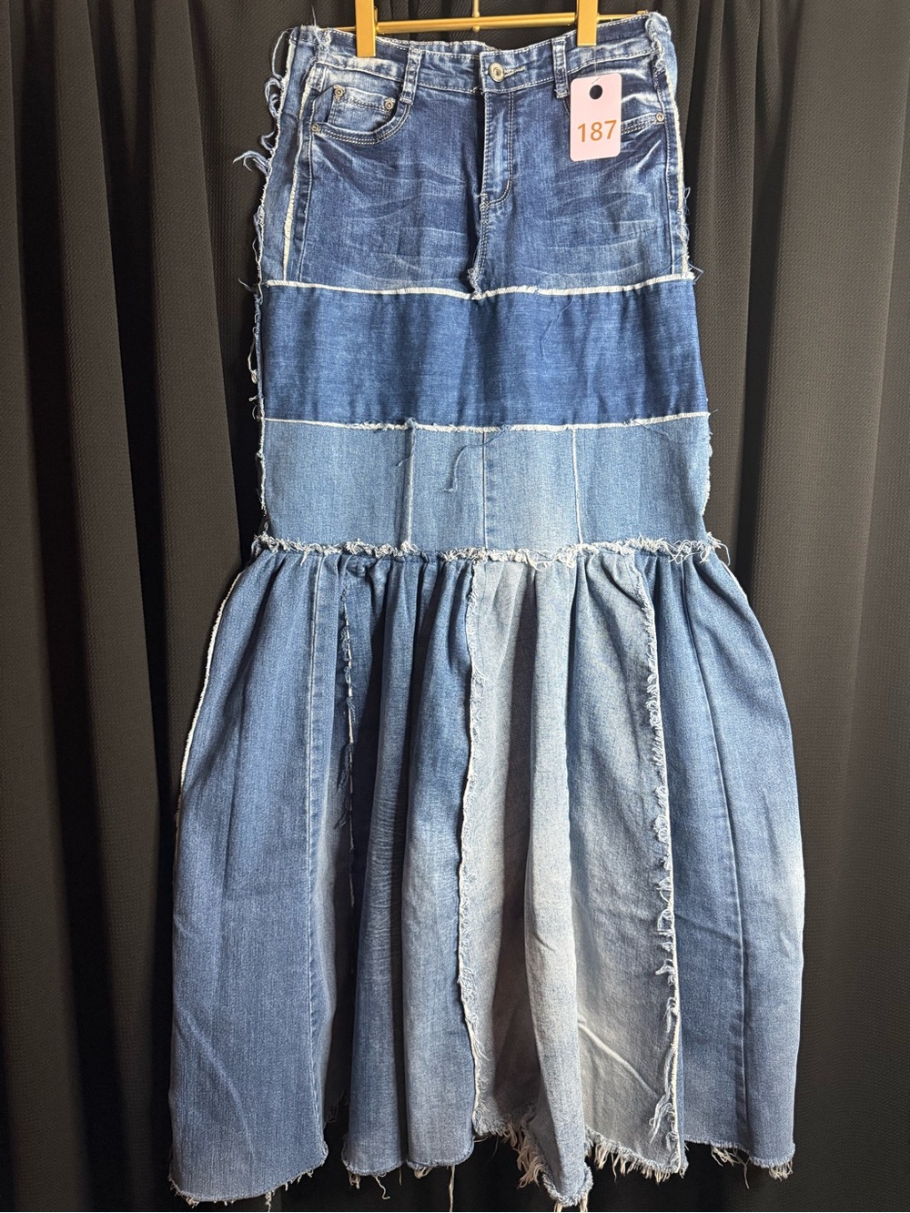 Patchwork Denim Maxi Skirt - Blue